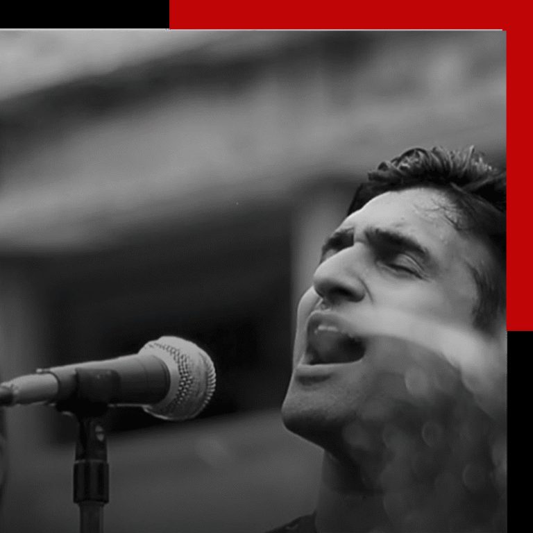 Black and white portrait of a vocalist performing at a Music Jammin session