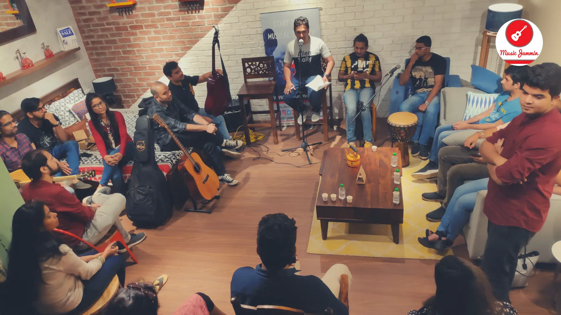 Music Jammin living-room jam session with guitars and djembe